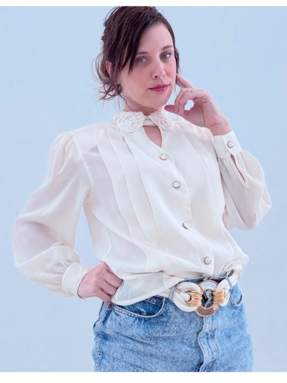 Vintage 80s Silky Chiffon Lace Collar White Blouse, Retro Secretary Style